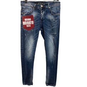 Mario Morato‎ Slim Fit Streetwear Men's W33x30 Blue Ankle Zip Distressed Jeans